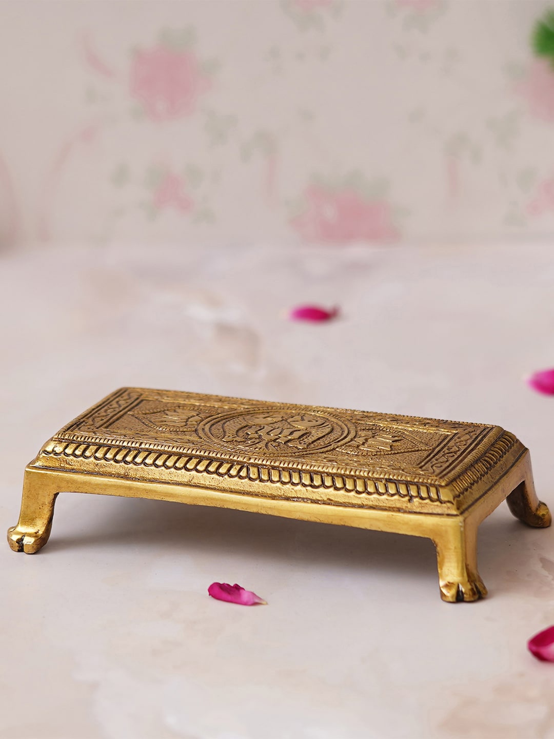 

eCraftIndia Beige Lotus Flowers Engraved Pooja Chowki