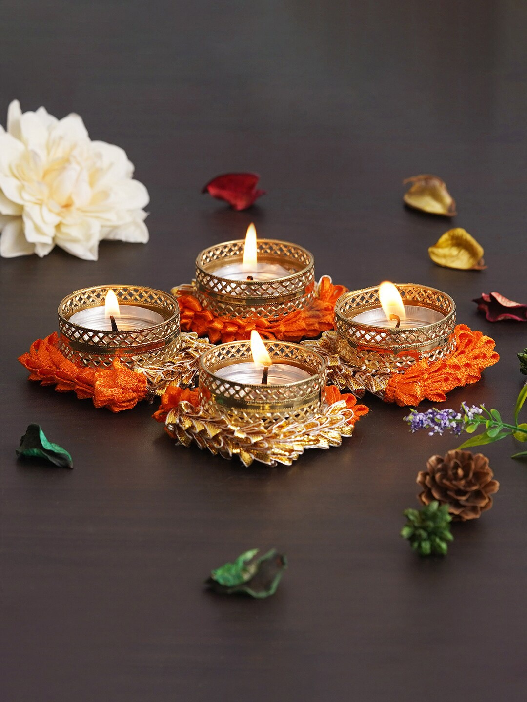 

eCraftIndia Orange & Gold Toned 4 Pcs Candle Holder