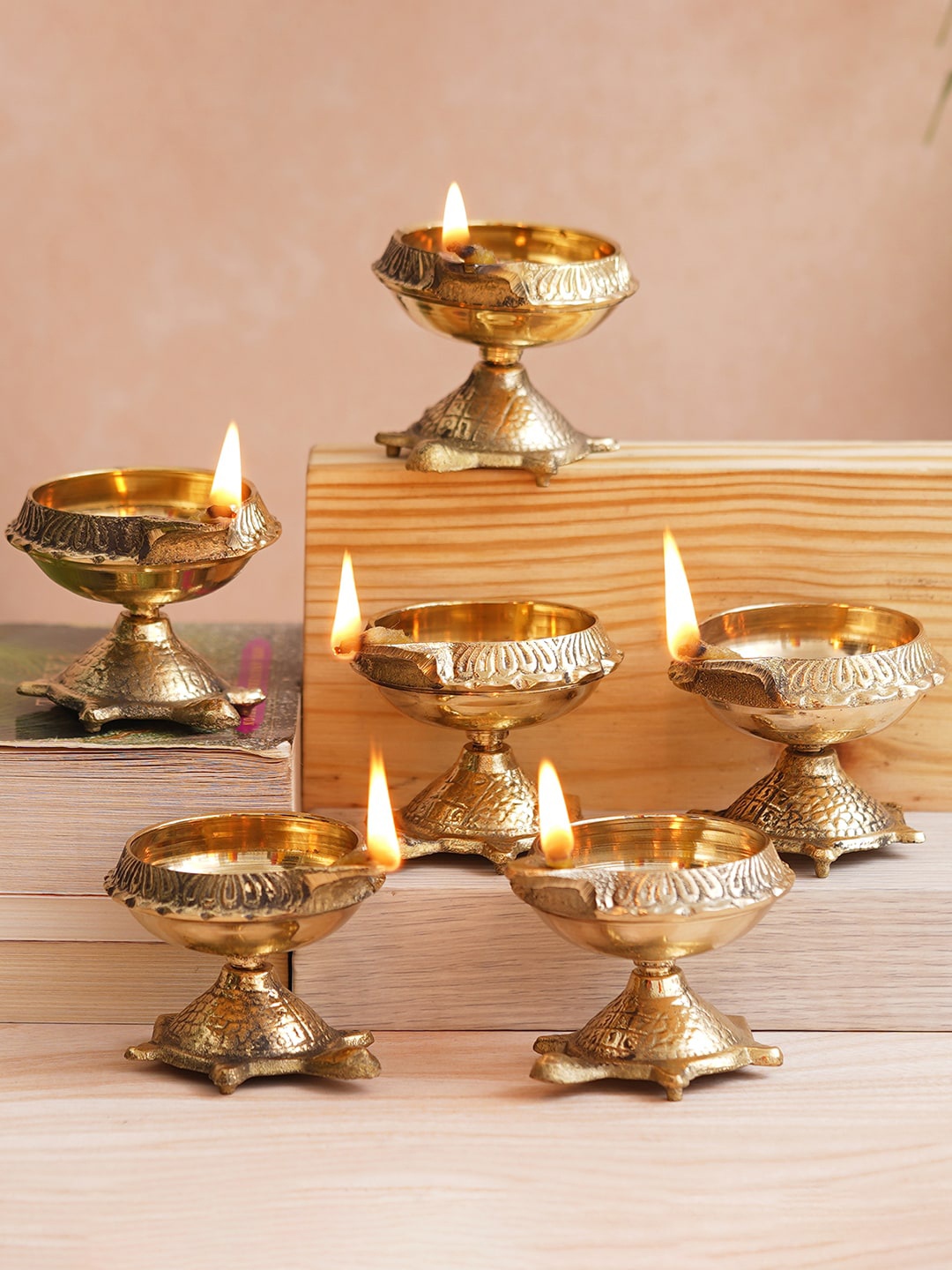 

eCraftIndia 6 Pieces Beige Diyas With Tortoise Base