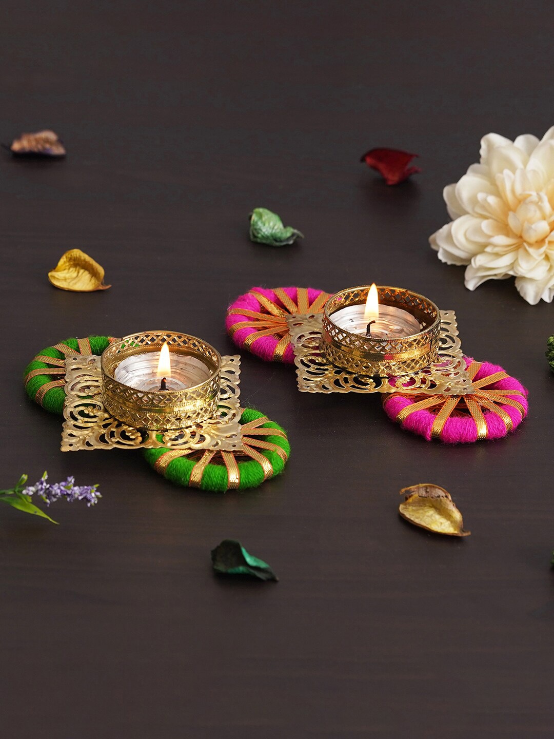 

eCraftIndia Gold Toned & Fuchsia 2 Pcs Candle Holder