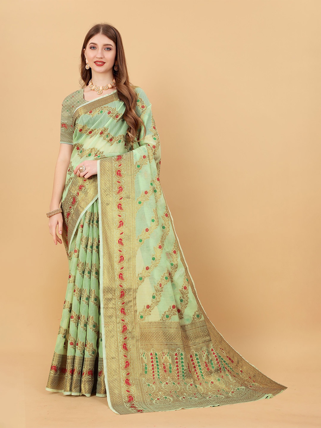 

NIWAA Woven Design Zari Organza Banarasi Saree, Green