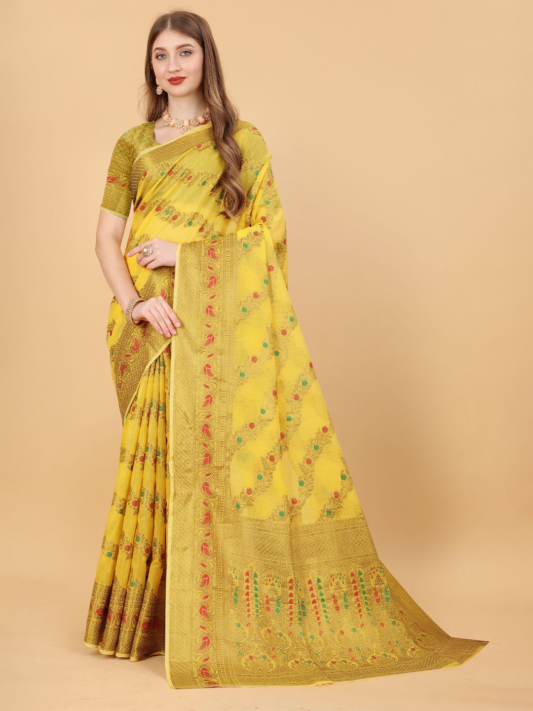 

NIWAA Woven Design Zari Organza Banarasi Saree, Yellow