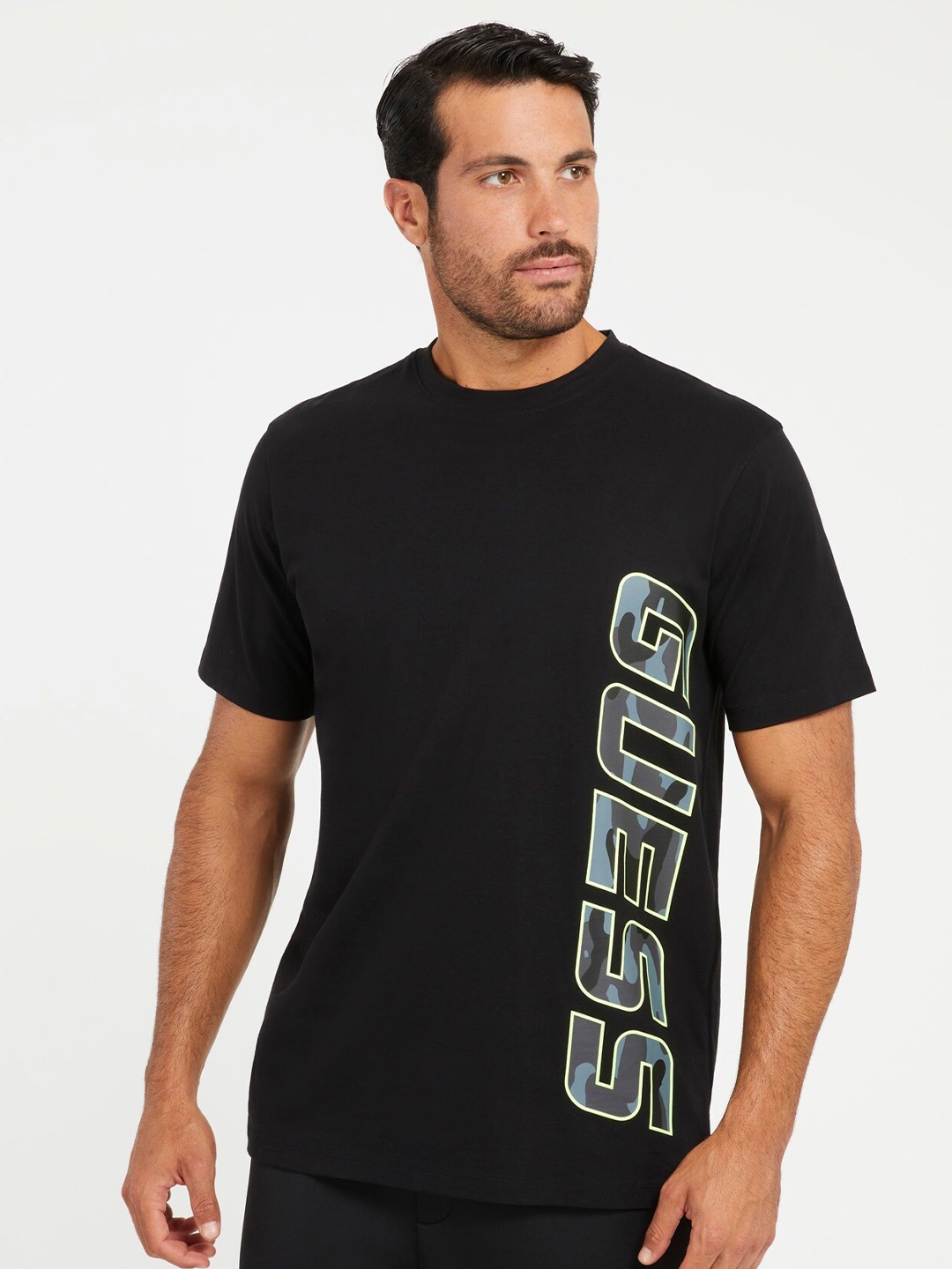 

GUESS Typography Printed Pure Cotton T-shirt, Black