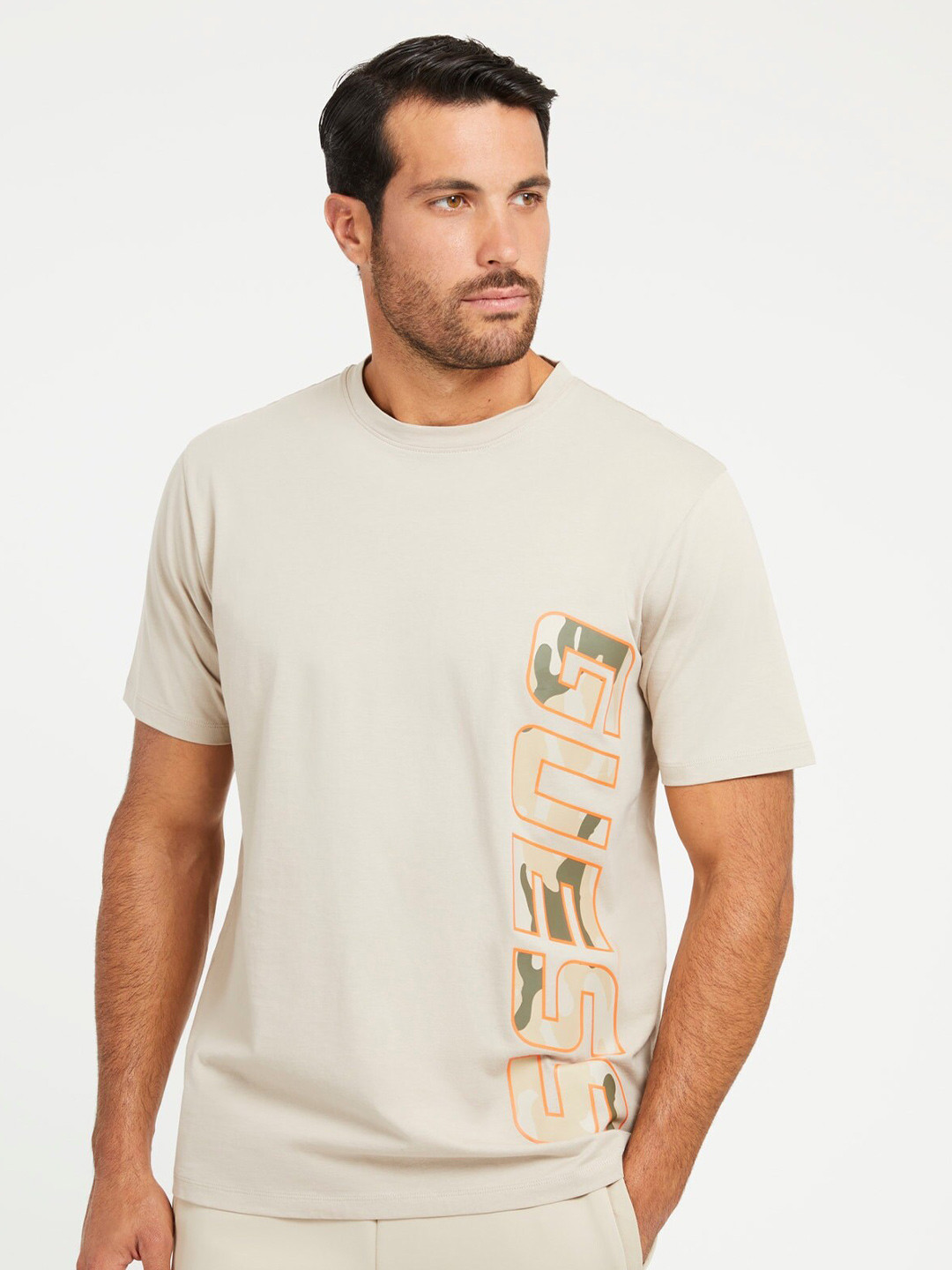 

GUESS Typography Printed Pure Cotton T-shirt, Off white
