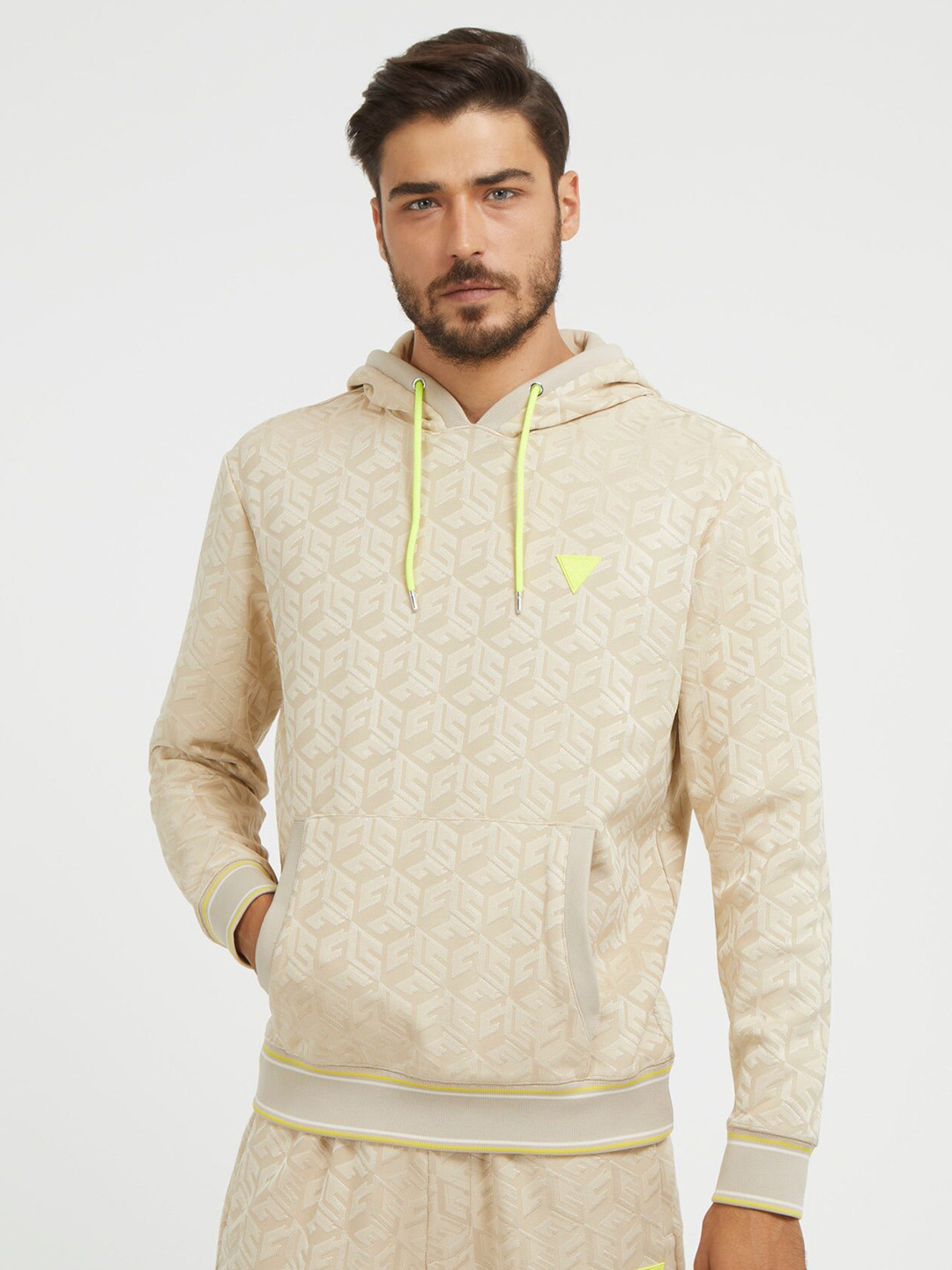 

GUESS Geometric Printed Hooded Pullover Sweatshirt, Beige