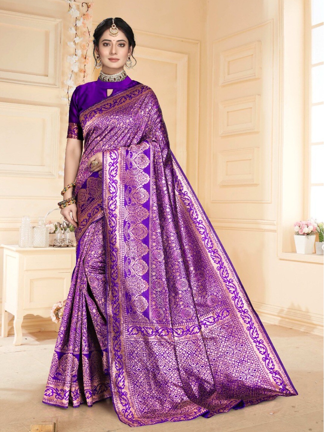 

Ashiya Fab Woven Design Ethnic Motifs Printed Kanjeevaram Saree, Purple