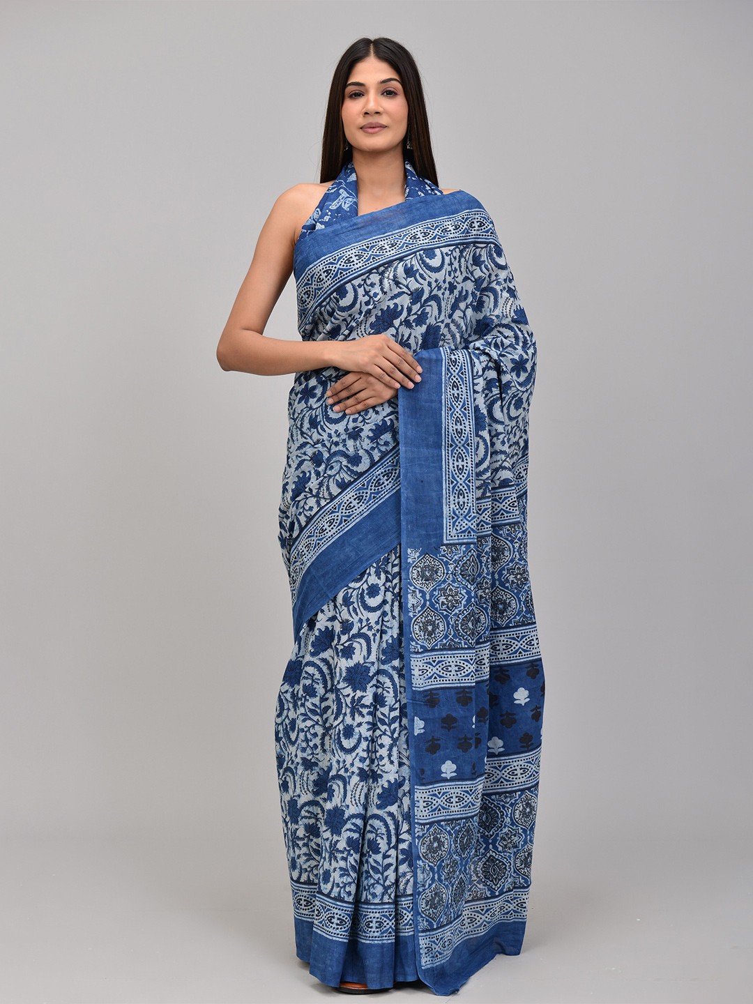 

Shivanya Handicrafts Handicrafts Floral Pure Cotton Block Printed Saree, Blue