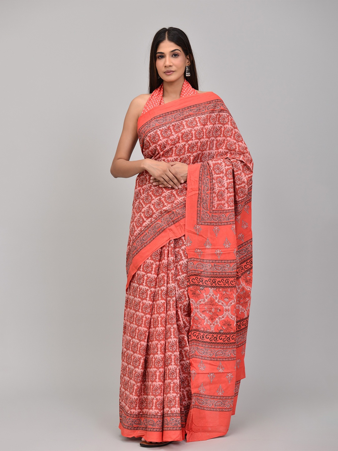 

Shivanya Handicrafts Floral Pure Cotton Block Printed Saree, Orange