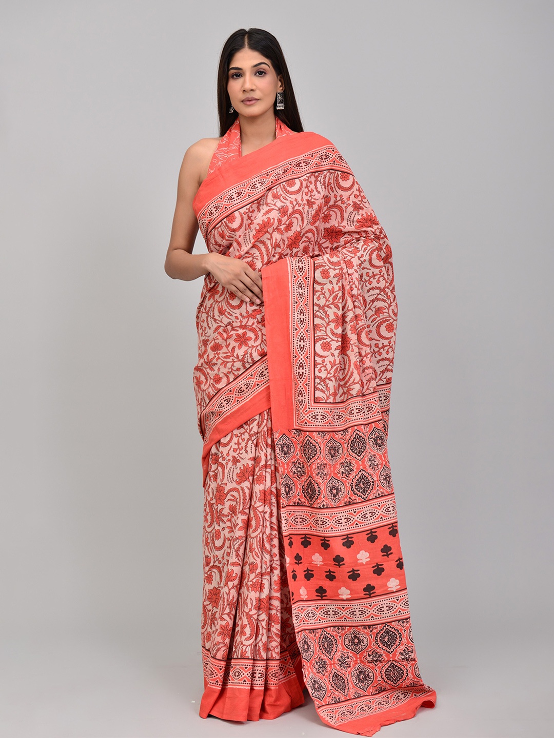 

Shivanya Handicrafts Ethnic Motifs Pure Cotton Block Printed Saree, Peach