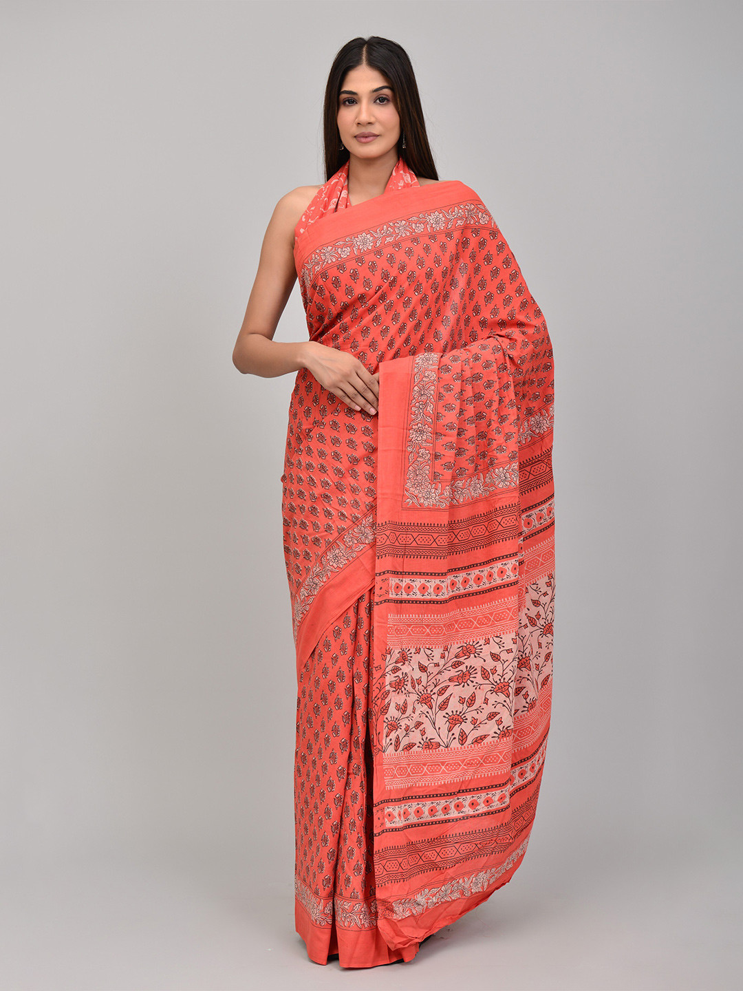 

Shivanya Handicrafts Ethnic Motifs Pure Cotton Block Printed Saree, Peach