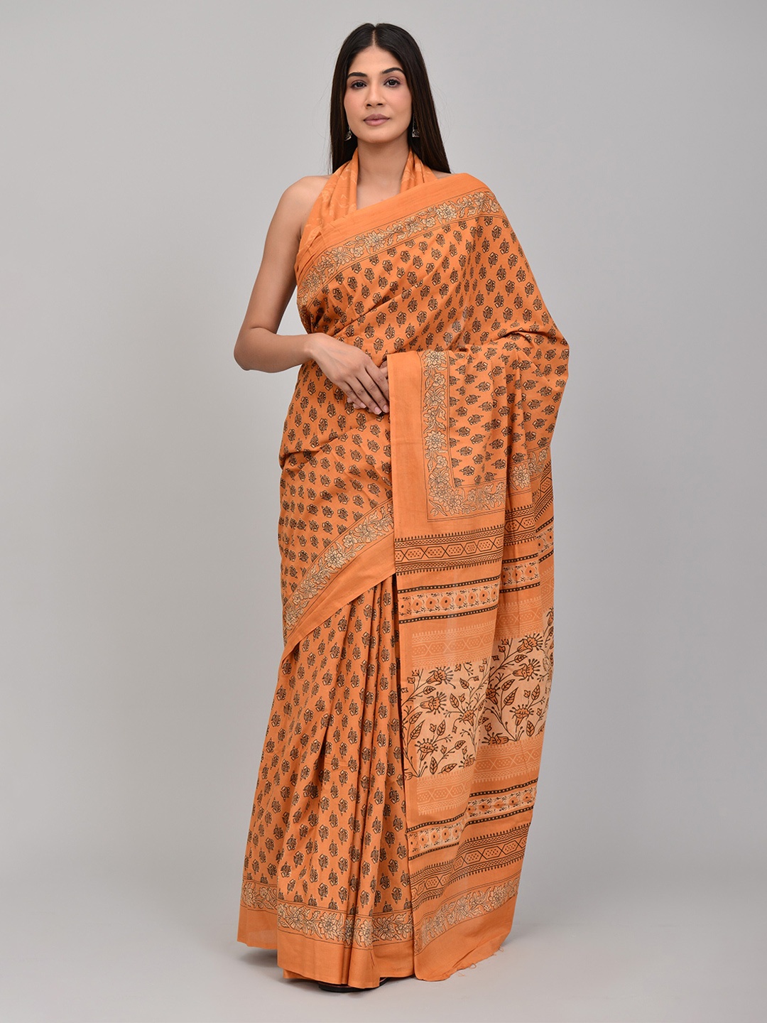 

Shivanya Handicrafts Ethnic Motifs Pure Cotton Block Print Saree, Orange