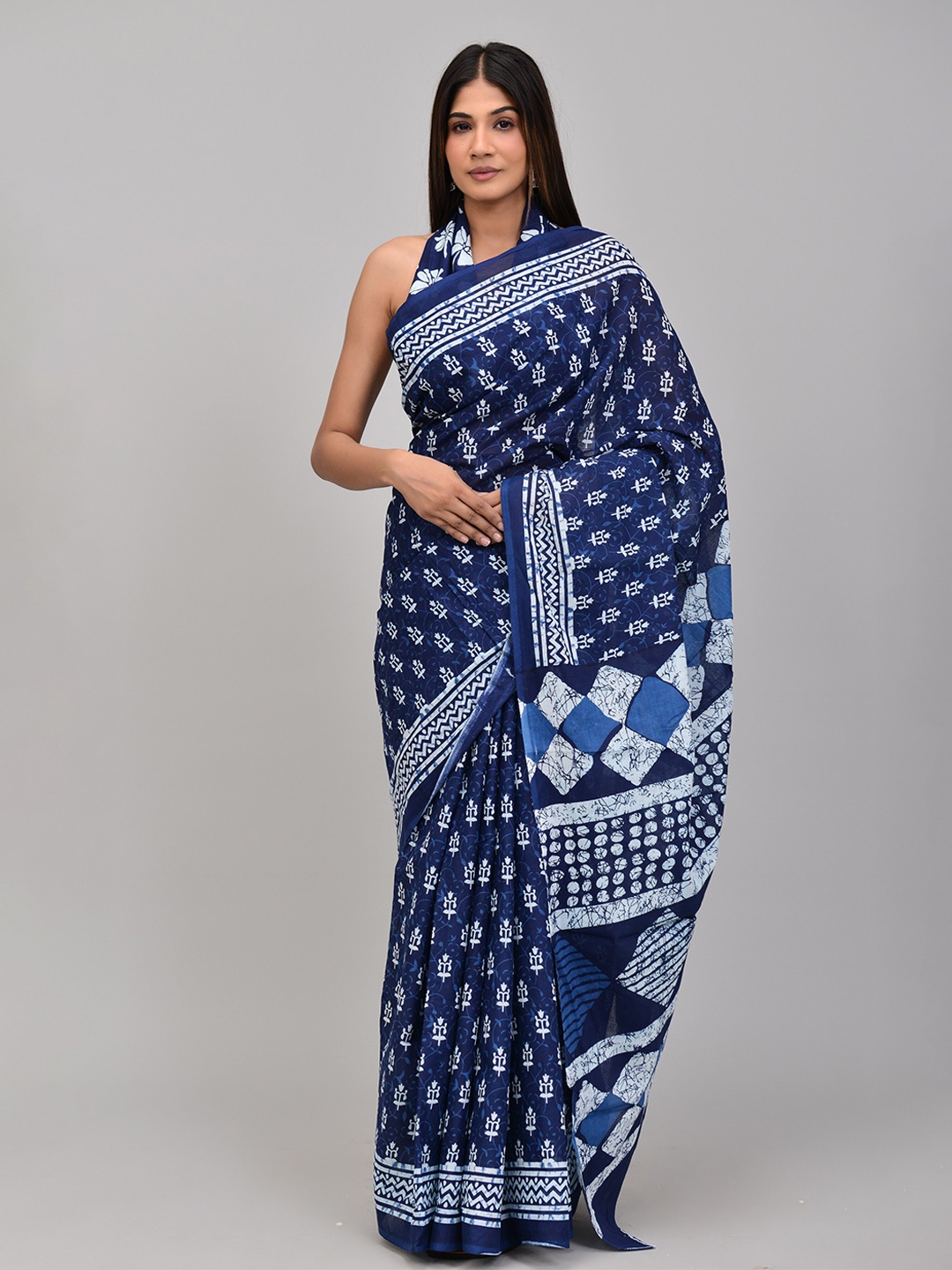 

Shivanya Handicrafts Floral Pure Cotton Block Printed Saree, Blue