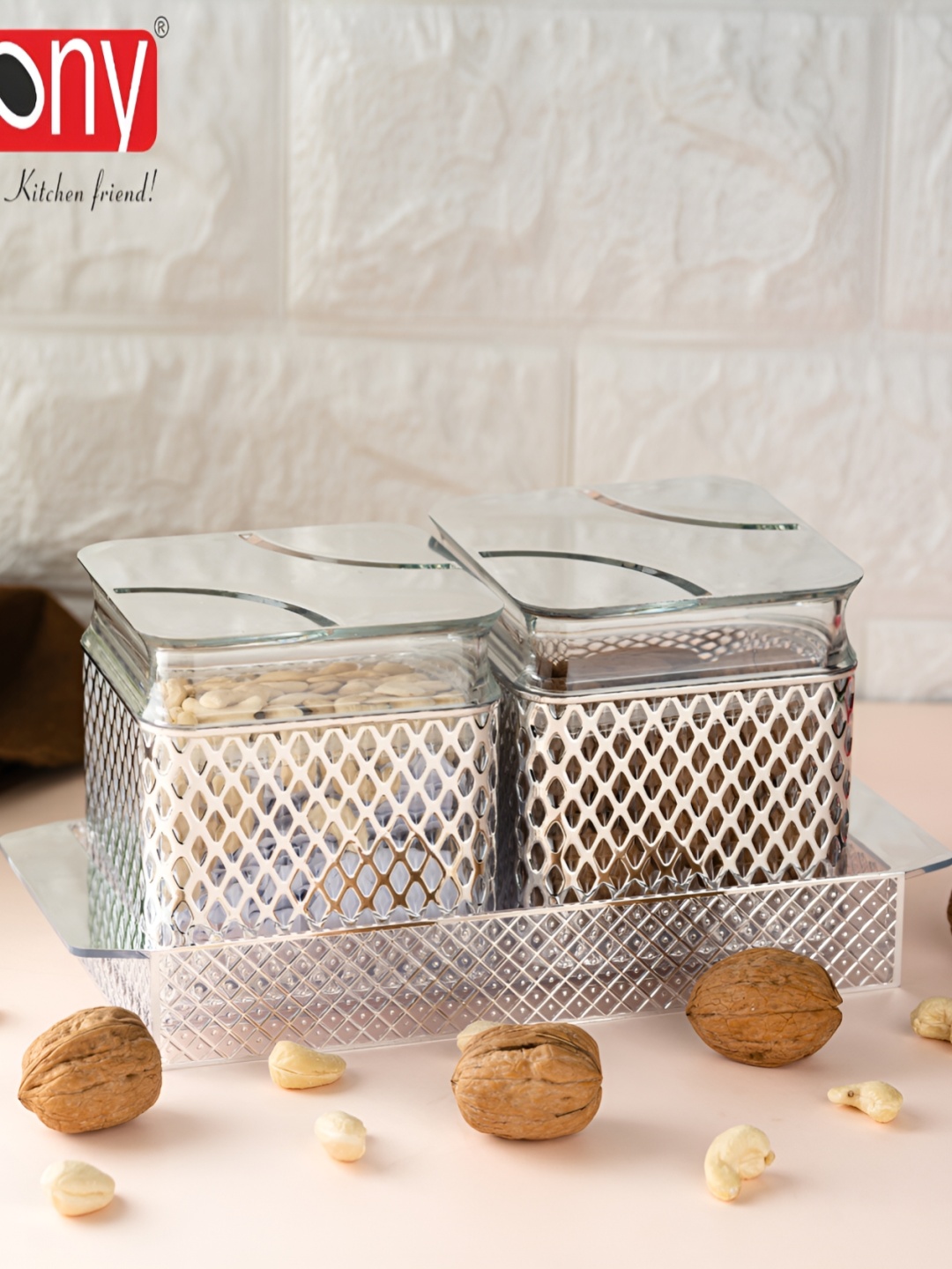 

Speack Silver Toned 2 Pieces Melamine Serving Food Conrainers With Lid & Trey 500 ml Each