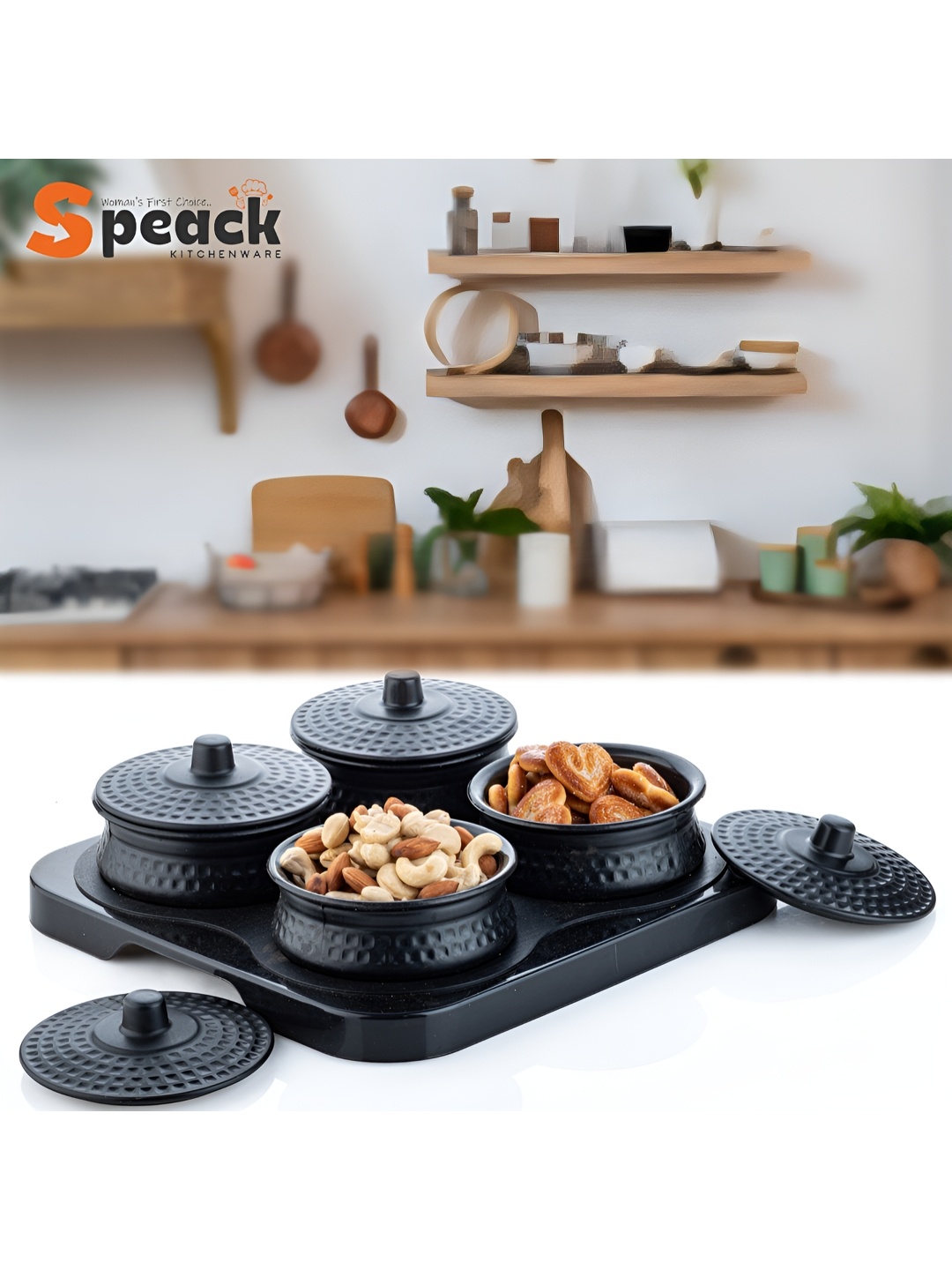 

Speack Black 4 Pieces Melamine Textured Serving Handi 400ml