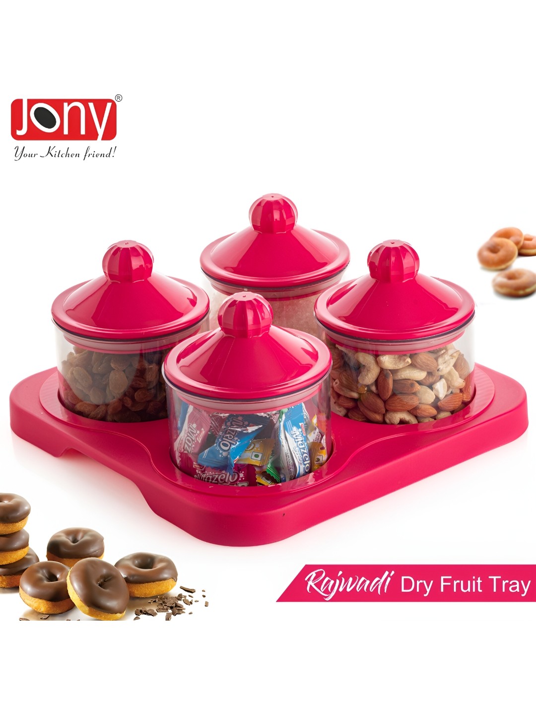 

Speack Pink 4 Pieces Melamine Serving Food Conrainers With Lid & Trey 500 ml Each