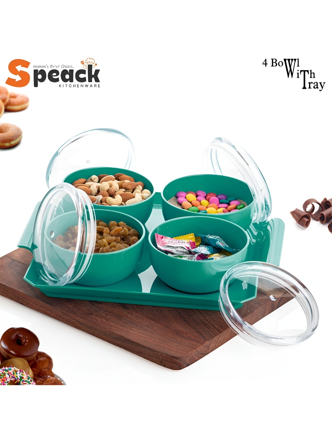 

Speack Green Plastic 4 Pieces Food Containers Each with Leak-Free Lid and Tray
