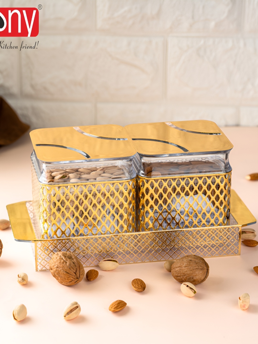 

Speack Gold Toned 2 Pieces Glass Serving Food Conrainers With Lid & Trey 500 ml Each
