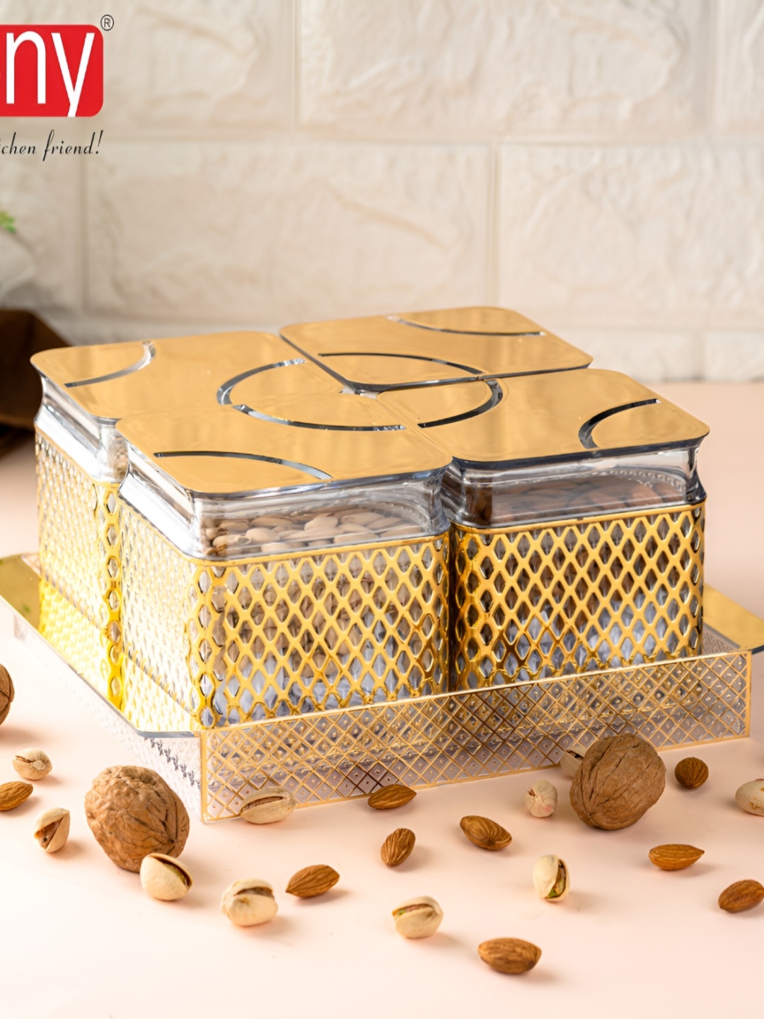 

Speack Gold-Toned Plastic 4 Pieces Food Containers Each with Leak-Free Lid and Tray