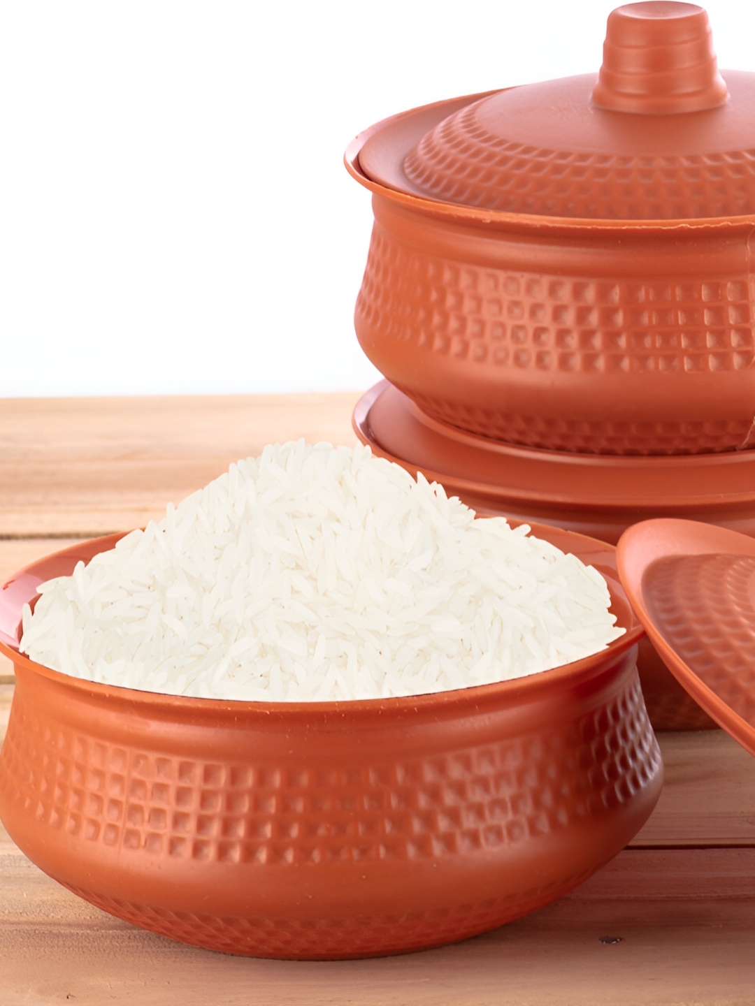

Speack Orange 3 Pieces Melamine Handi Shape Serving Bowls With Lid 1100 ml Each