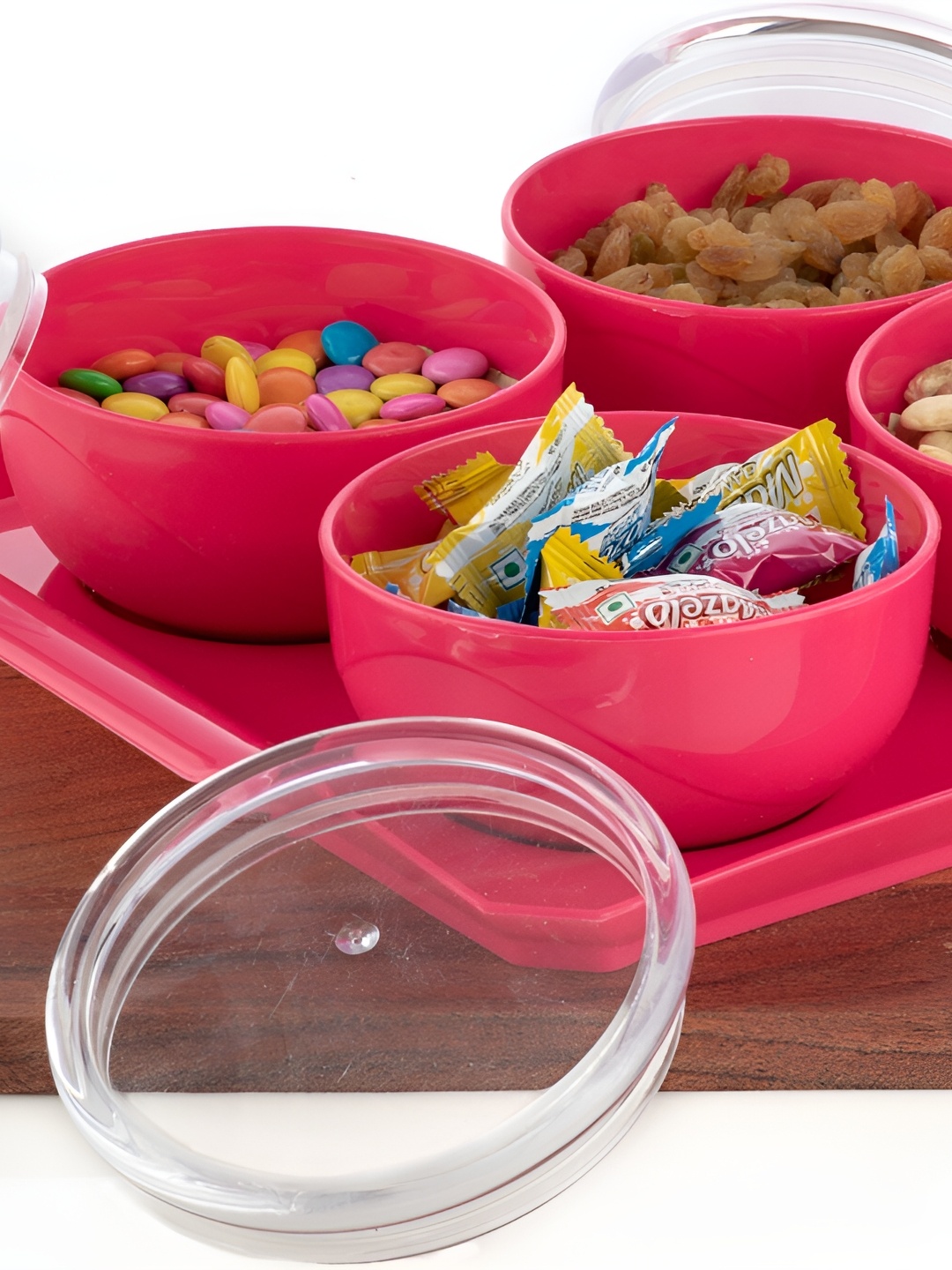 

Speack Pink 4 Pieces Melamine Serving Food Conrainers With Lid & Trey 400 ml Each