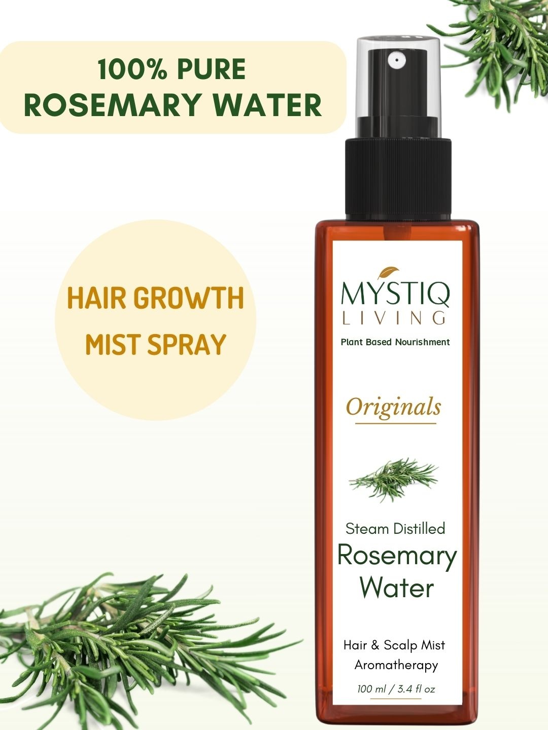 

MYSTIQ LIVING Rosemary Water Hair Spray for Healthy Hair Growth & Thicker Hair - 100 ml, White