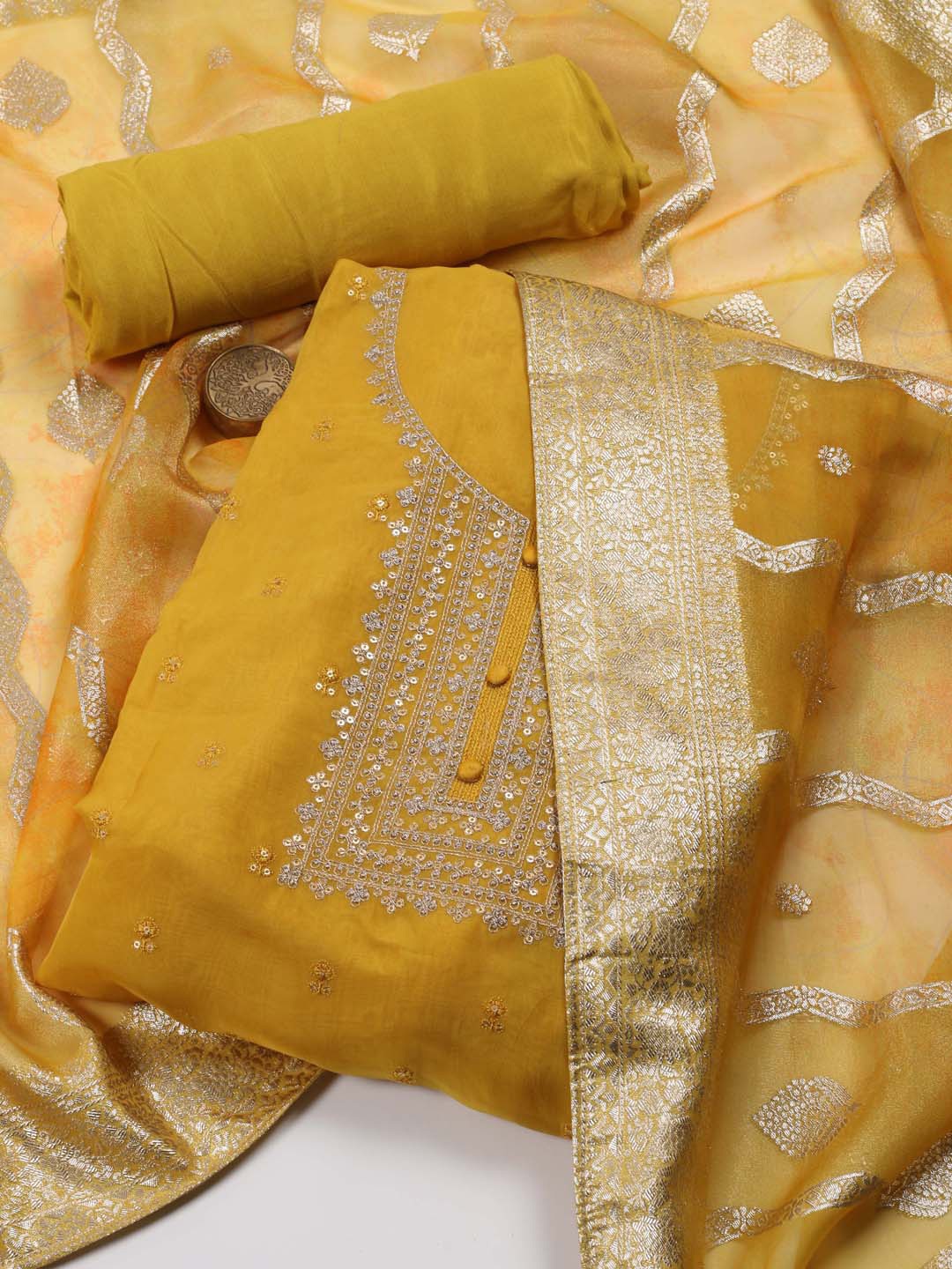 

Meena Bazaar Ethnic Motifs Embroidered Sequined Organza Unstitched Dress Material, Mustard