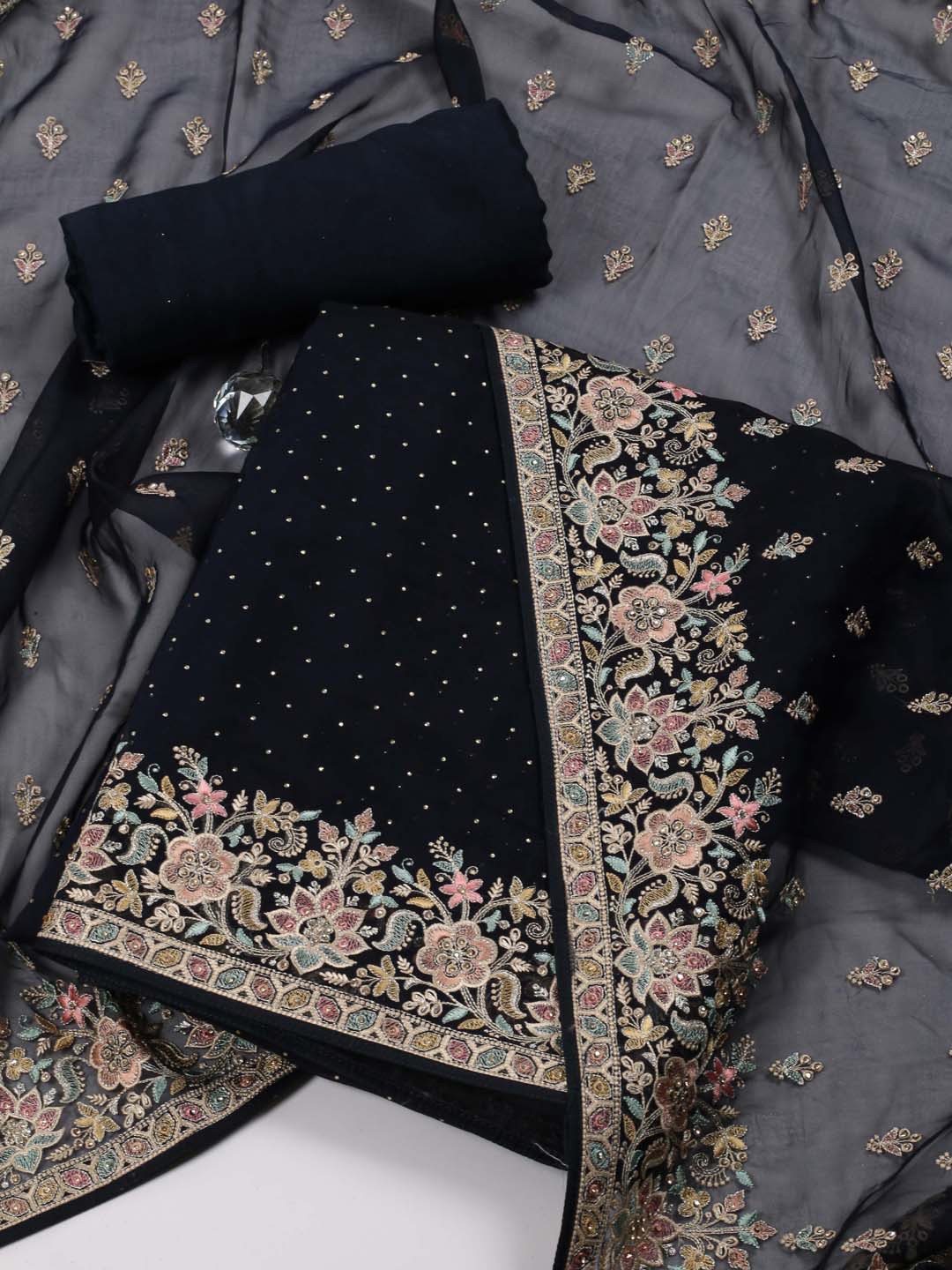 

Meena Bazaar Ethnic Motifs Embroidered Organza Unstitched Dress Material, Navy blue