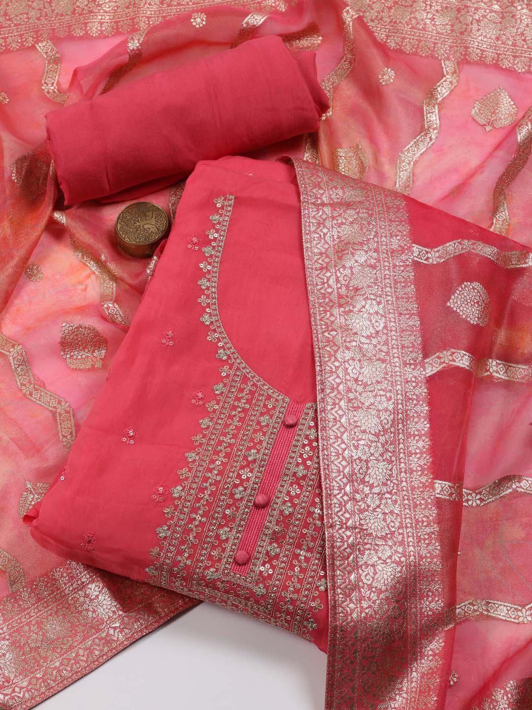 

Meena Bazaar Embroidered Organza Unstitched Dress Material, Coral