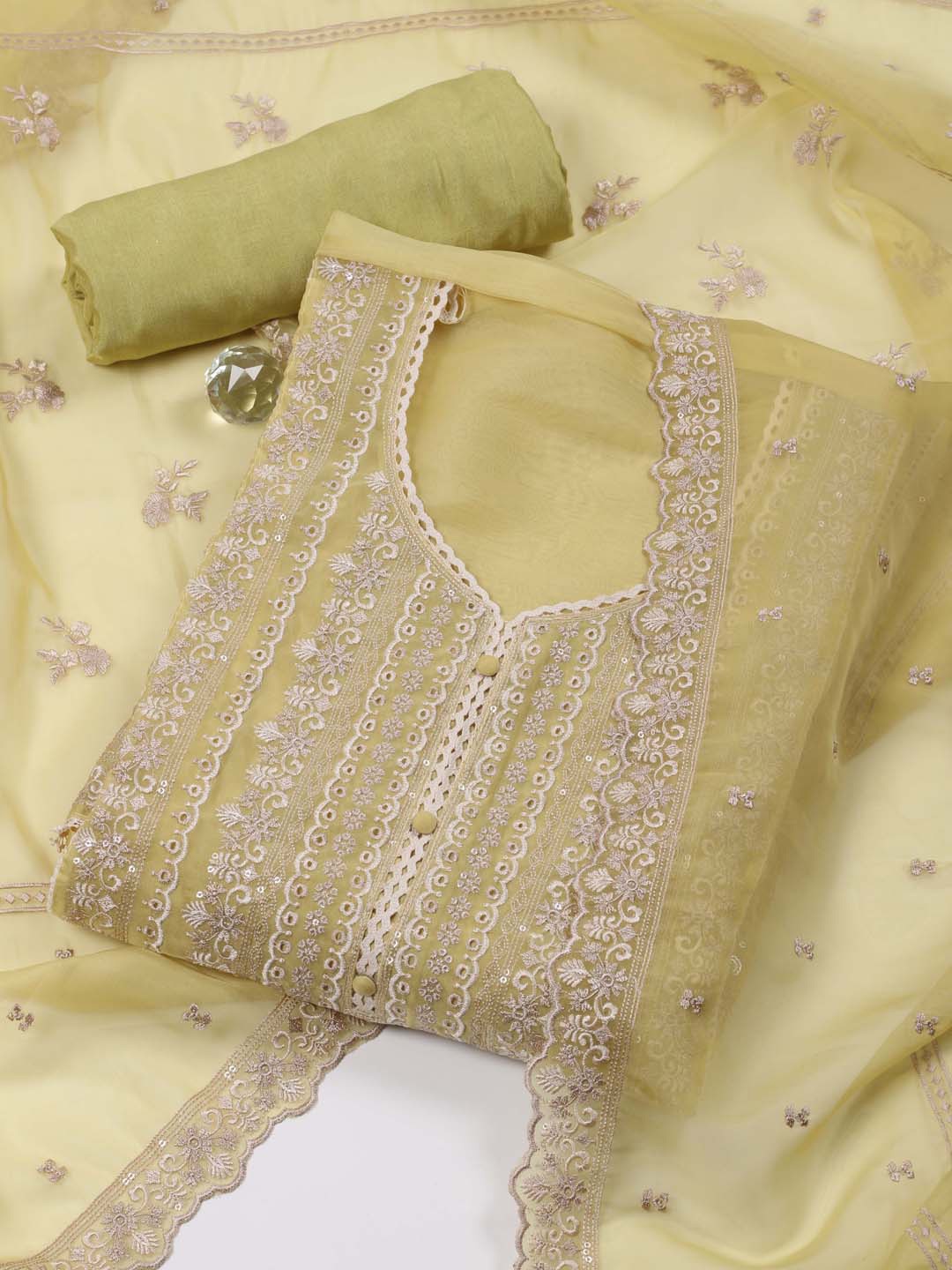

Meena Bazaar Ethnic Motifs Embroidered Sequinned Unstitched Dress Material, Yellow