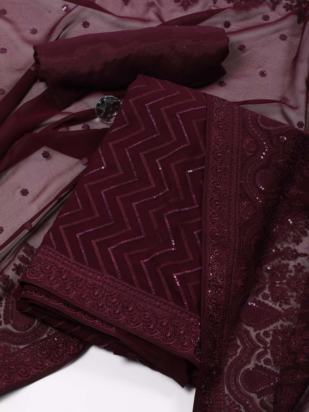 

Meena Bazaar Chevron Embroidered Sequined Unstitched Dress Material, Burgundy