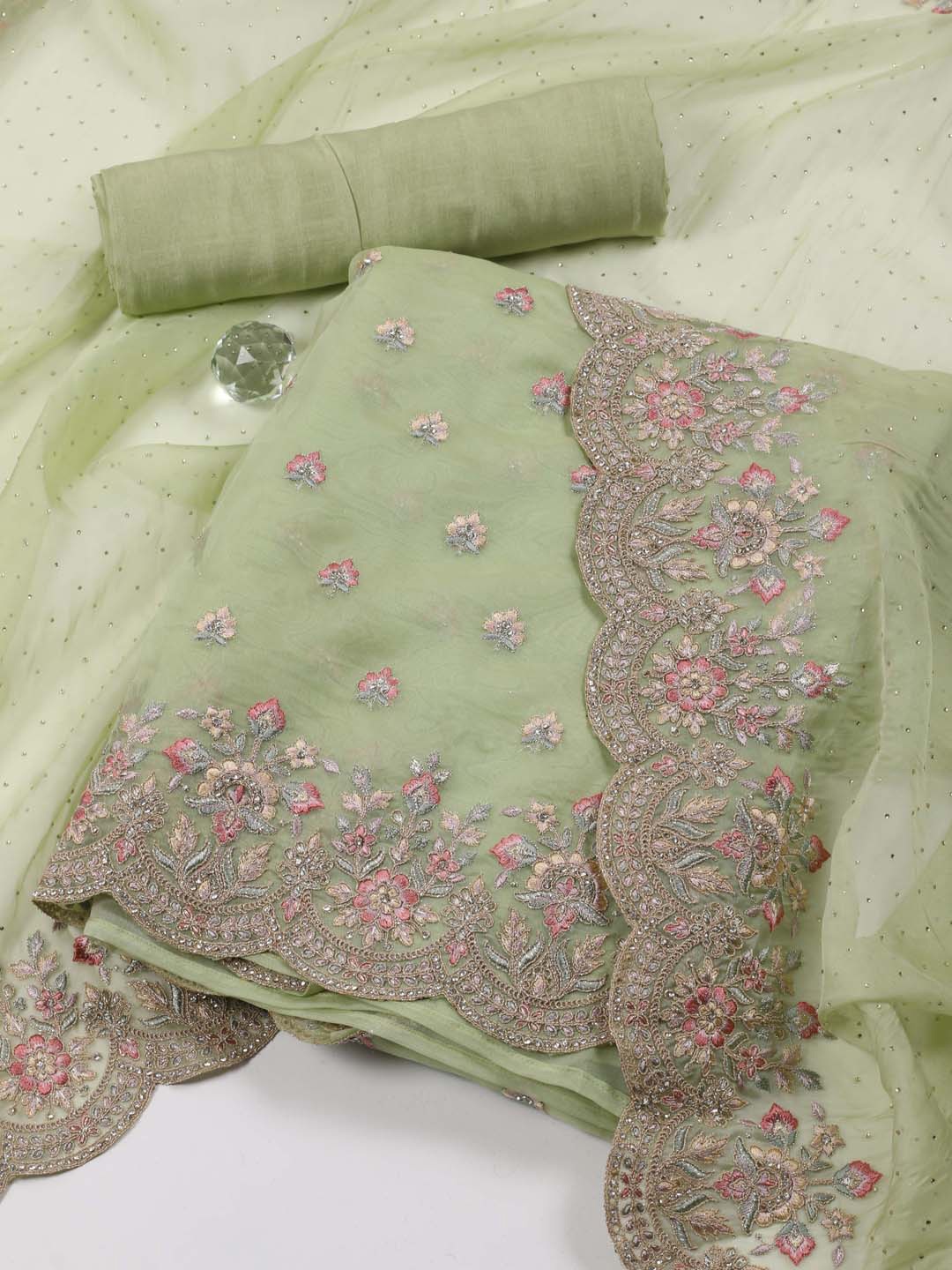

Meena Bazaar Floral Embroidered Organza Unstitched Dress Material, Green