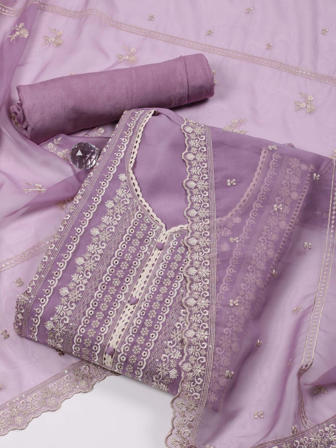 

Meena Bazaar Embroidered Organza Unstitched Dress Material, Mauve