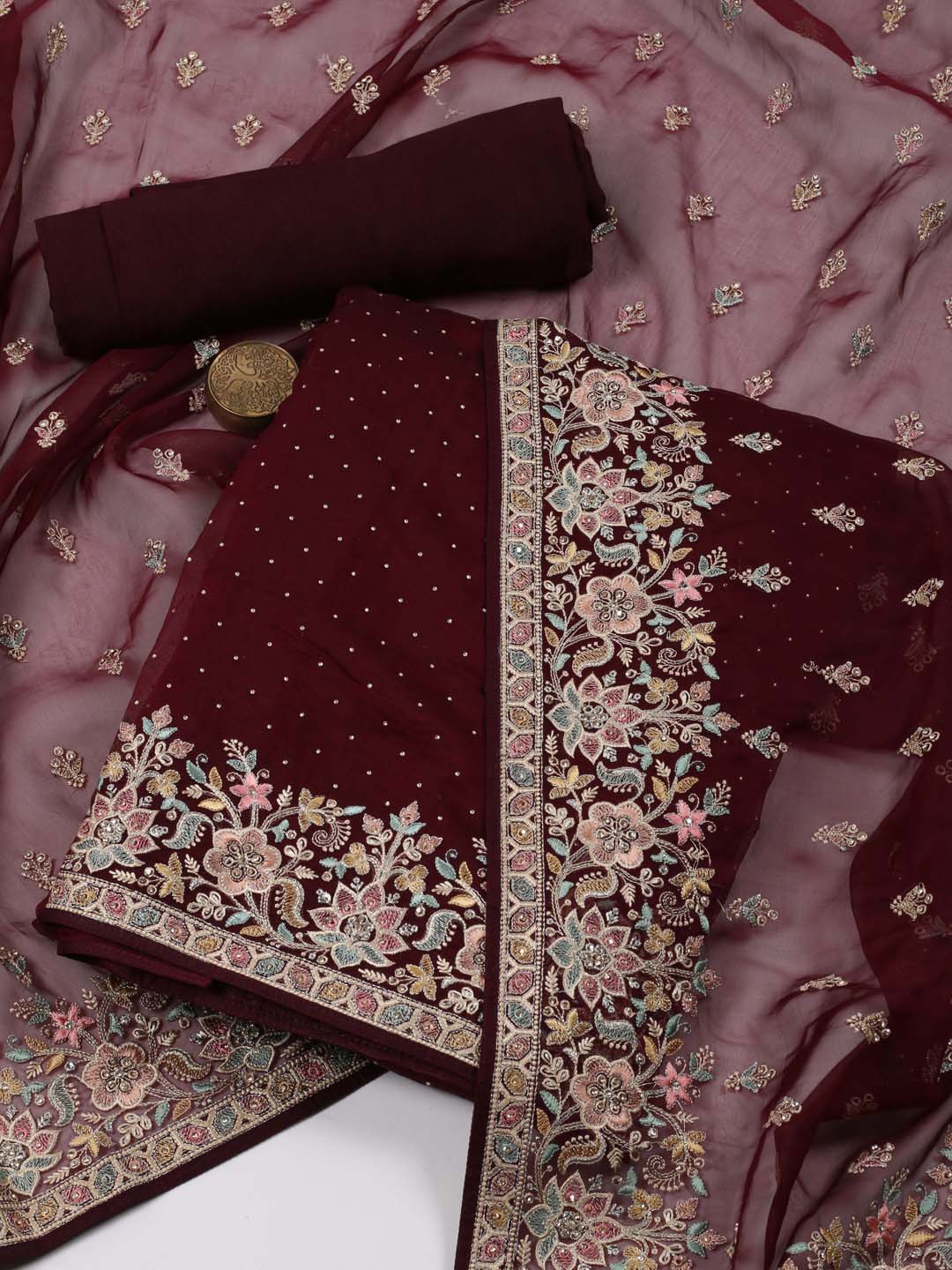 

Meena Bazaar Floral Embroidered Sequinned Unstitched Dress Material, Burgundy