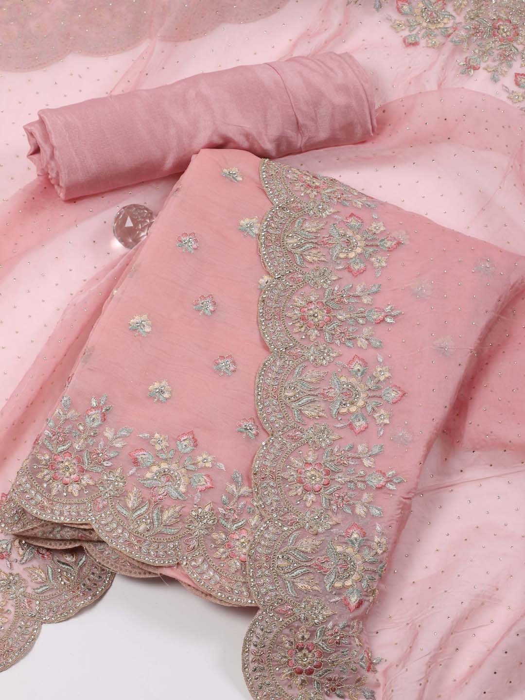 

Meena Bazaar Embroidered Organza Unstitched Dress Material, Pink