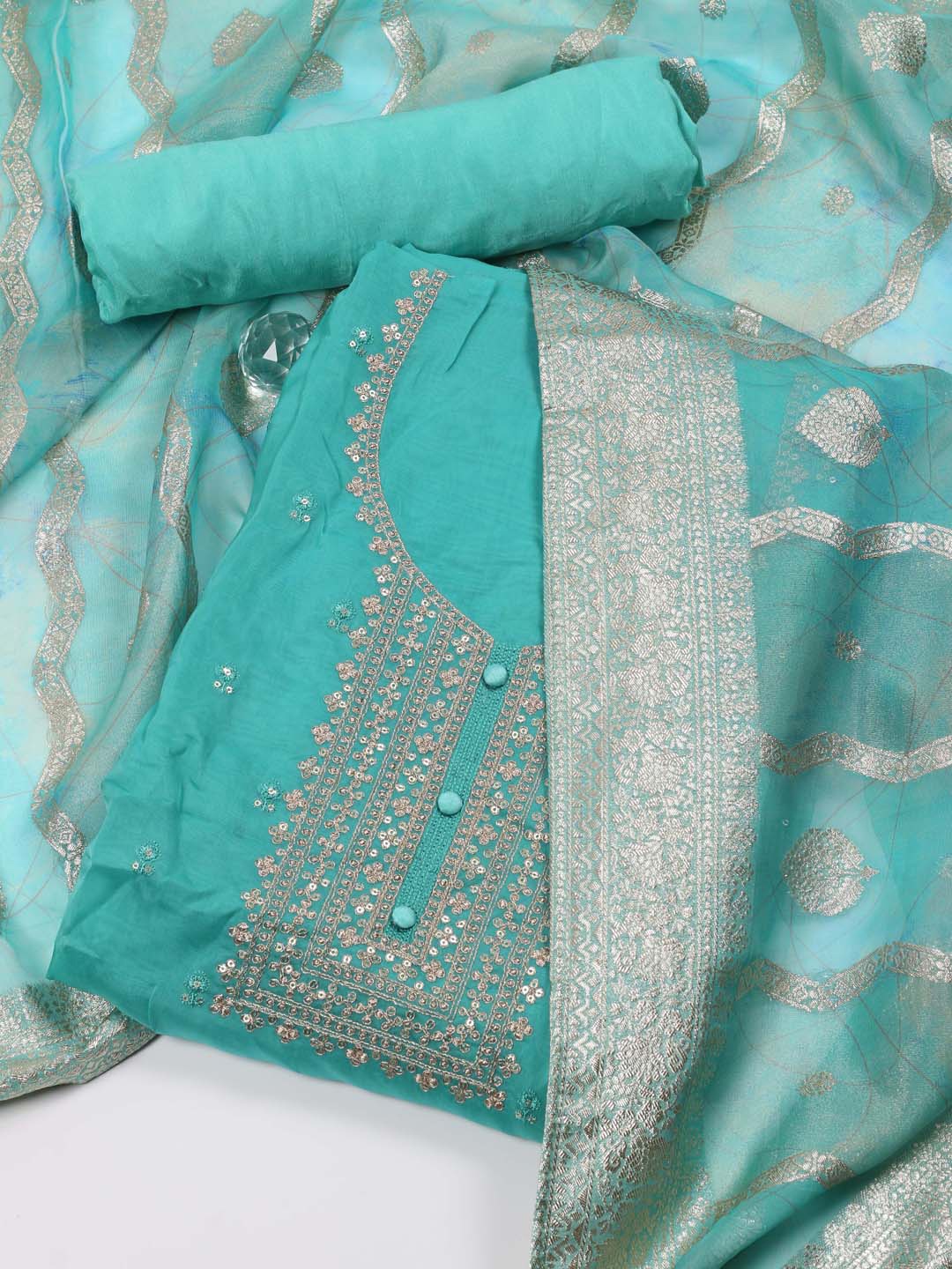 

Meena Bazaar Floral Embroidered Sequinned Unstitched Dress Material, Sea green