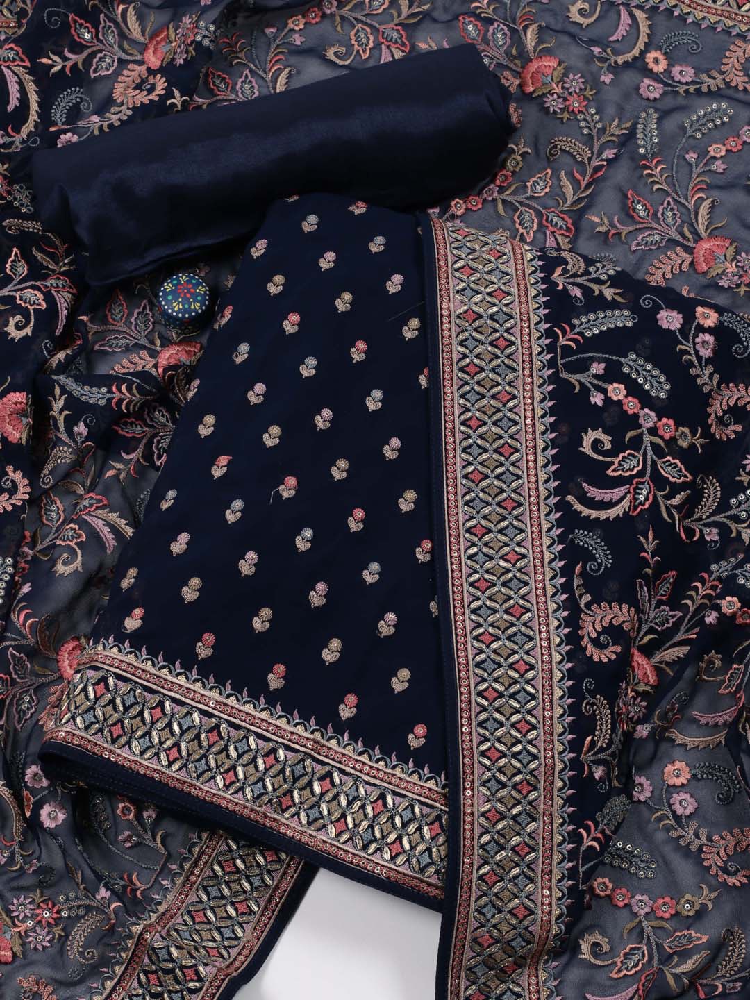 

Meena Bazaar Ethnic Motifs Embroidered Unstitched Dress Material, Navy blue