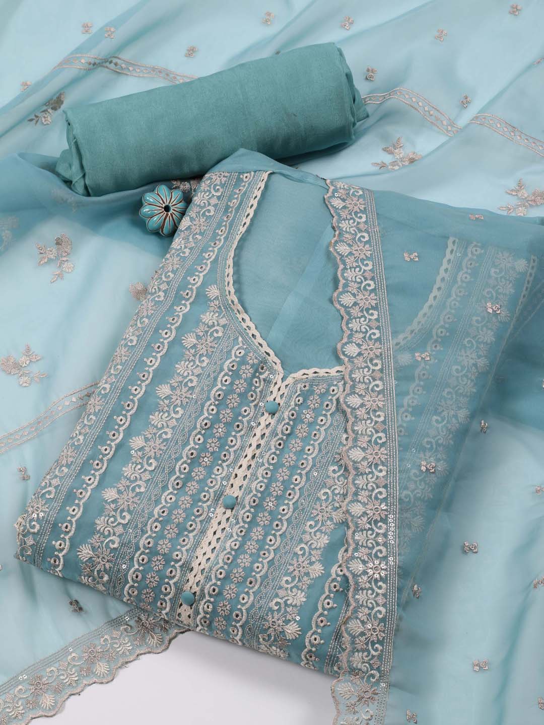 

Meena Bazaar Ethnic Motif Embroidered Unstitched Dress Material, Blue