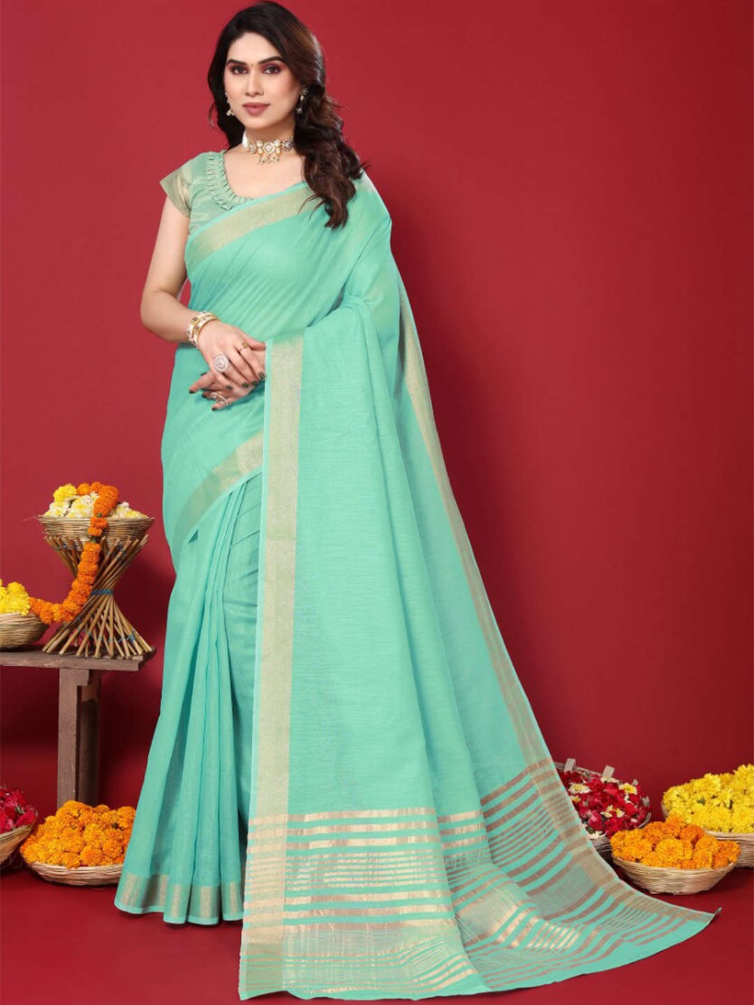 

VASTRA-THE FACTORY STORE Cotton Blend Zari Saree, Green