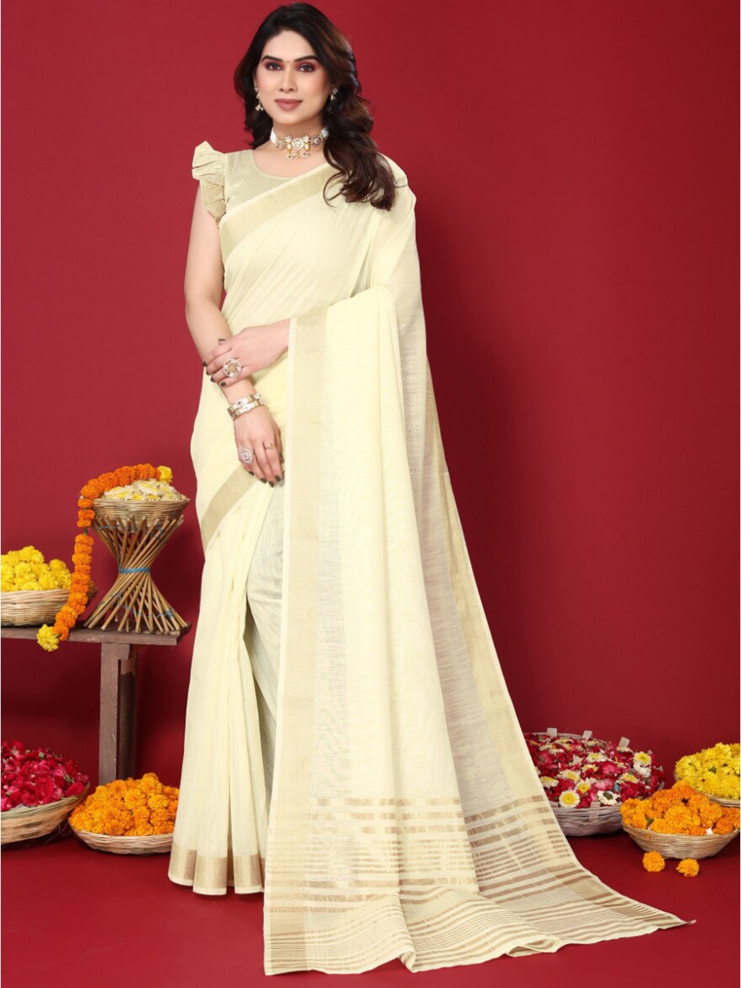 

VASTRA-THE FACTORY STORE Cotton Blend Zari Saree, Cream