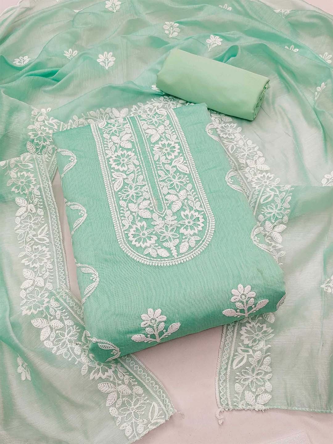 

Panzora Floral Embroidered Chanderi Silk Unstitched Dress Material, Sea green