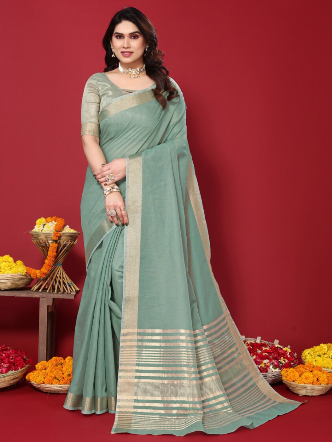 

VASTRA-THE FACTORY STORE Cotton Blend Zari Saree, Green