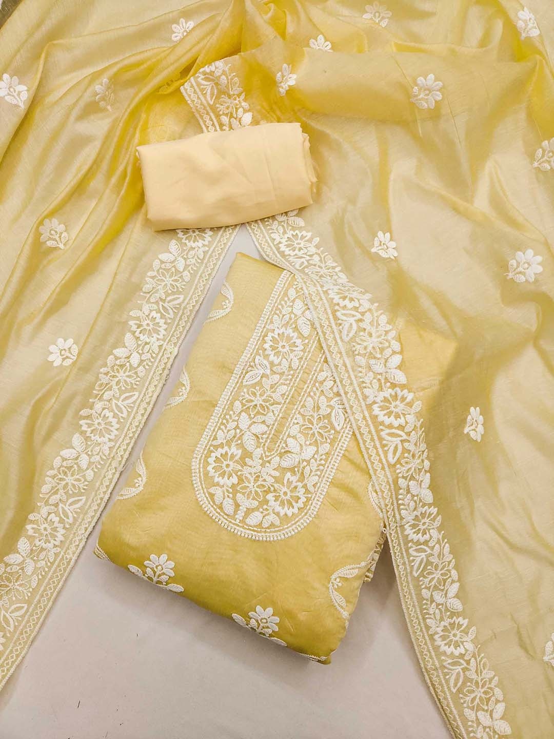 

Panzora Floral Embroidered Chanderi Silk Unstitched Dress Material, Yellow
