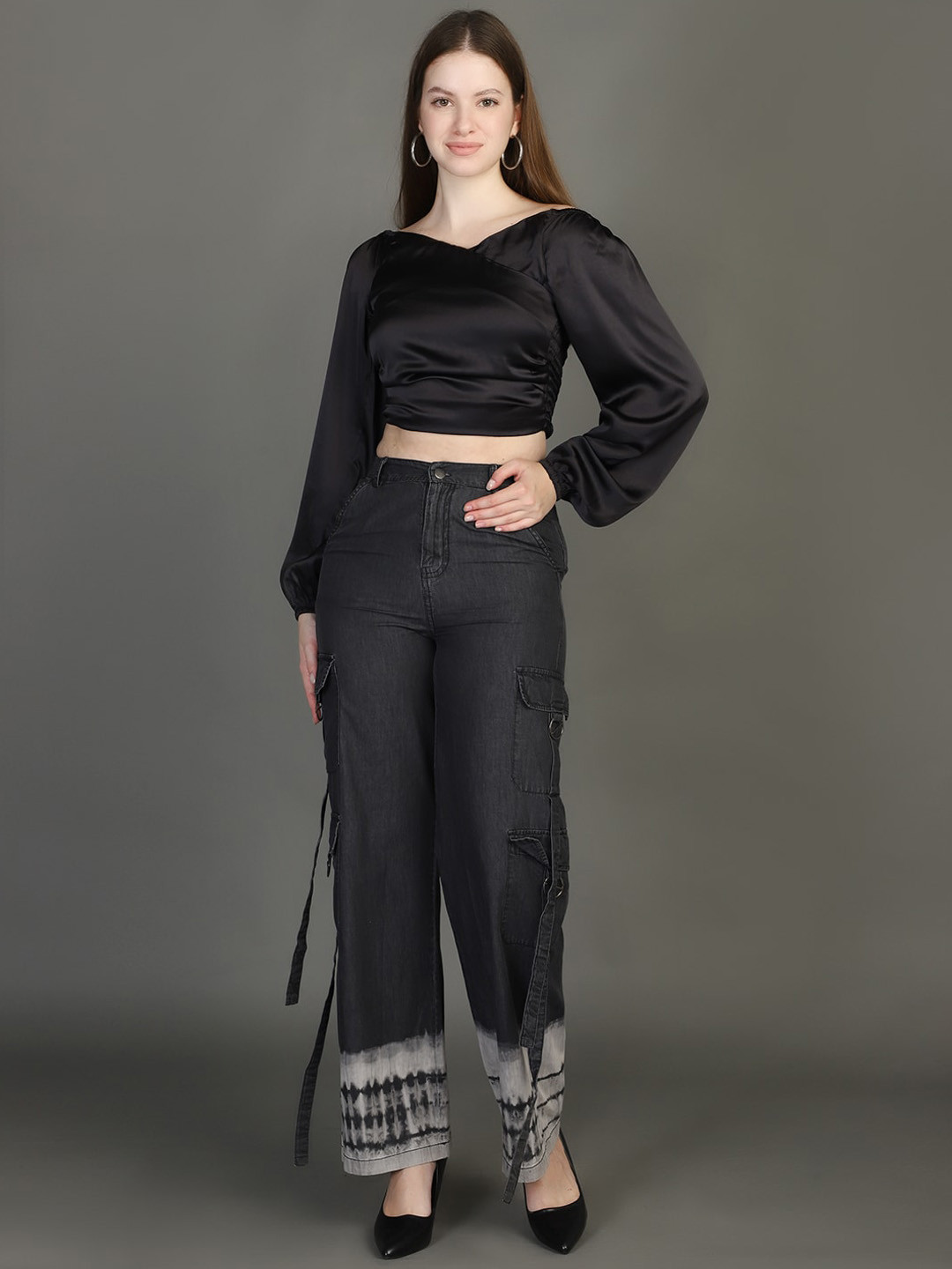 

Chemistry Women Flared Plain High-Rise Denim Cargos, Black