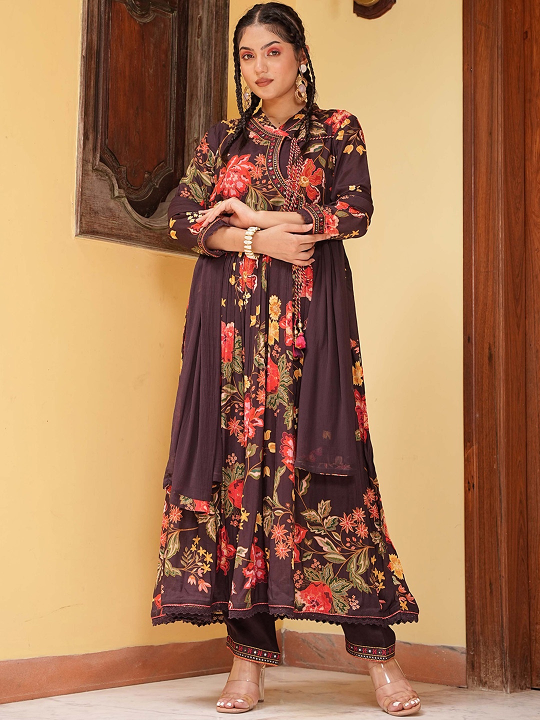 

PRATAP SONS Floral Printed V-Neck Angrakha Anarkali with Salwar & Dupatta, Burgundy