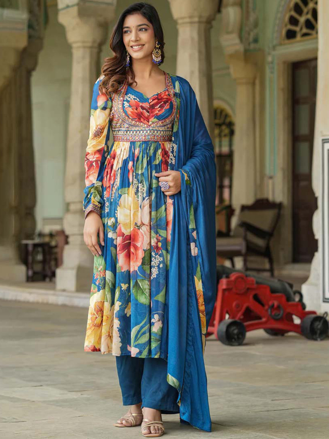 

PRATAP SONS Floral Printed Sweetheart Neck Empire Anarkali with Salwar & Dupatta, Blue