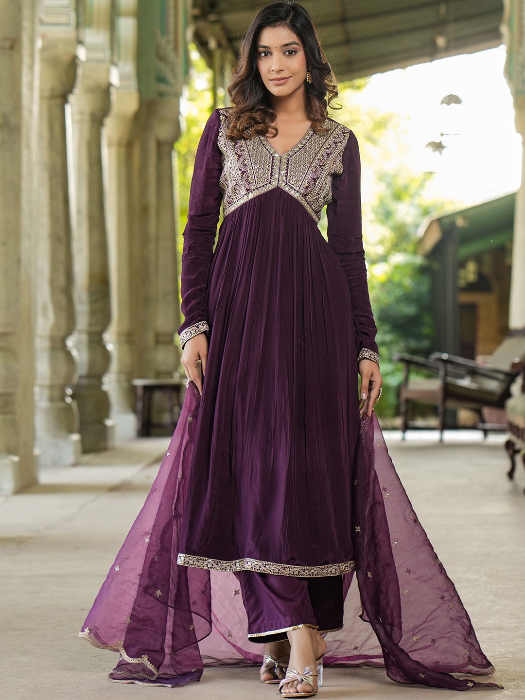 

PRATAP SONS Embroidered Empire Pure Silk Anarkali Kurta with Salwar & With Dupatta, Purple