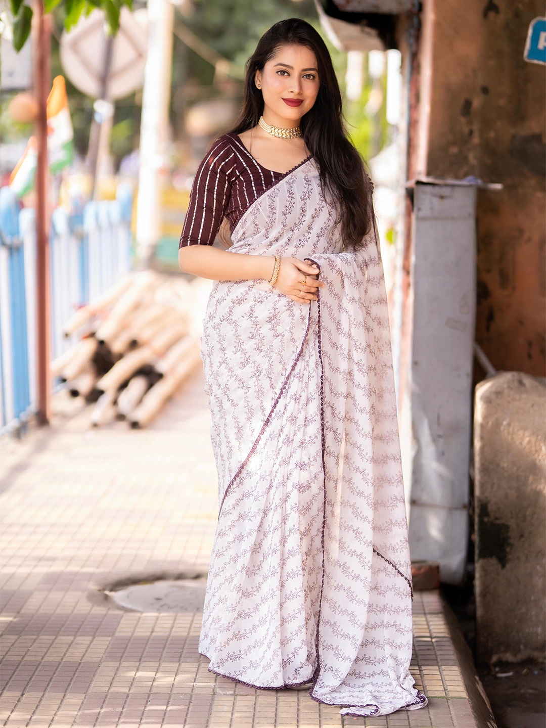 

STAVA CREATION Floral Poly Georgette Designer Leheriya Saree, Brown