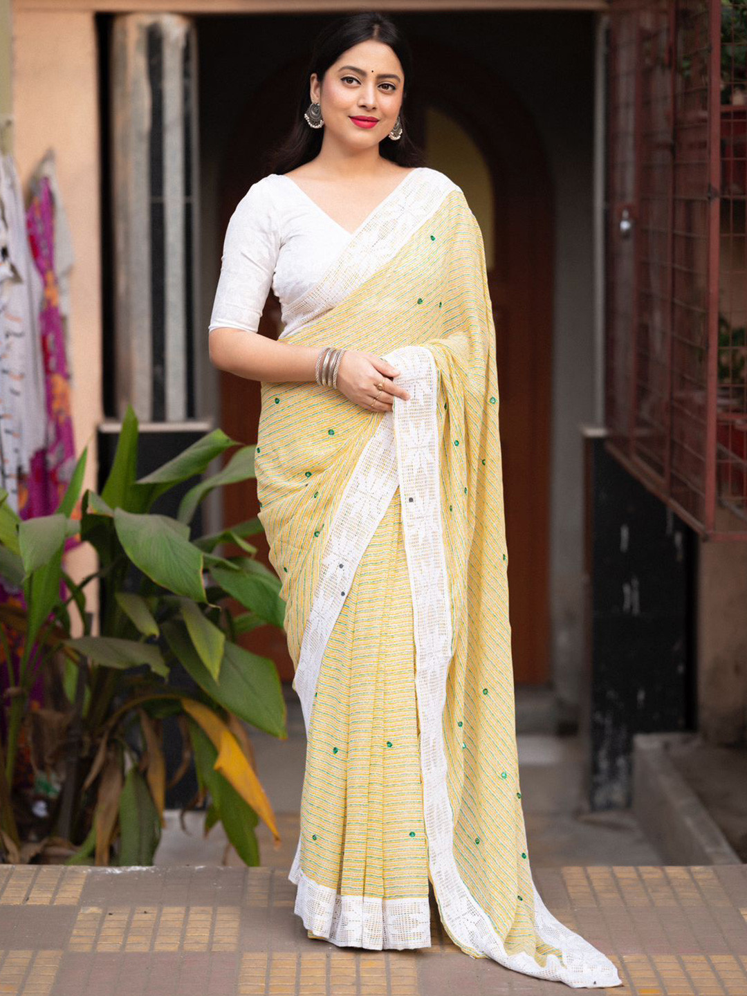 

STAVA CREATION Striped Aari Work Woven Design Saree, Yellow