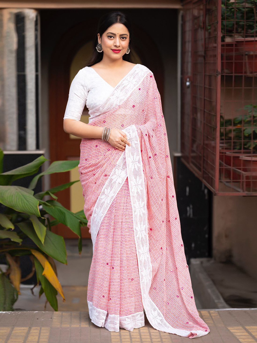 

STAVA CREATION Striped Woven Design Aari Work Saree, Pink
