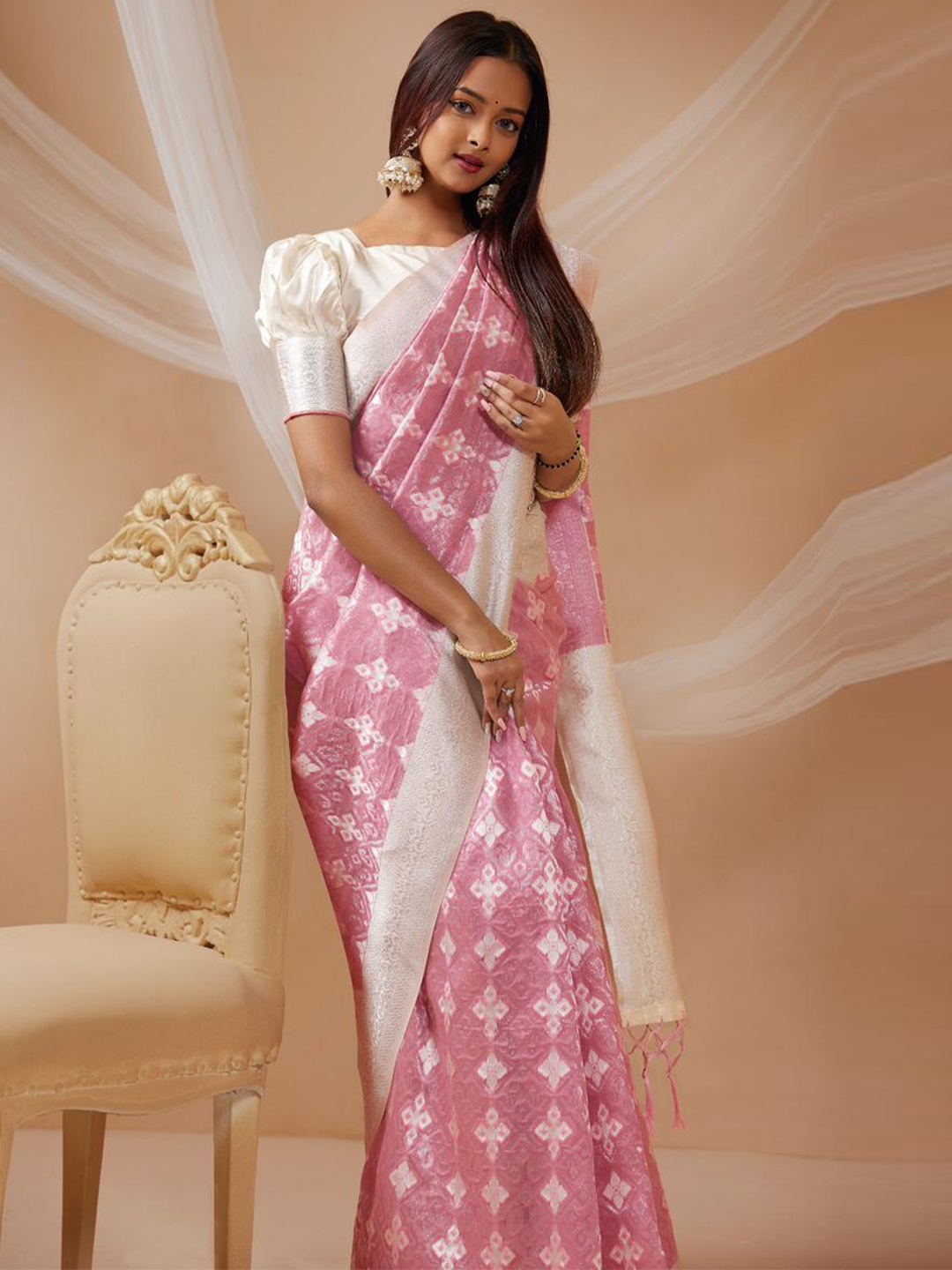 

STAVA CREATION Woven Design Silk Cotton Zari Saree, Pink